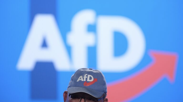 05.08.2023, Sachsen-Anhalt, Magdeburg: Ein Delegierter der AfD- Europawahlversammlung spricht in einer Halle der Messe Magdeburg. Foto: Sebastian Willnow/dpa +++ dpa-Bildfunk +++ (KEYSTONE/DPA/Sebastian Willnow)