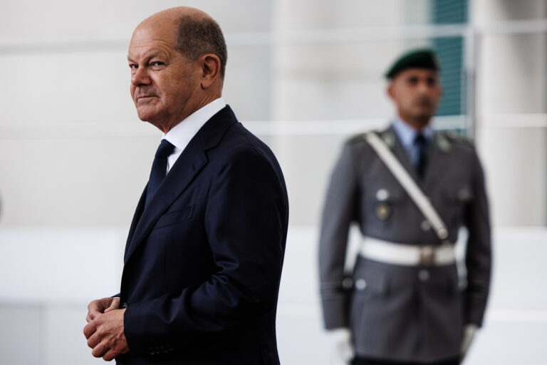 epa10803948 German Chancellor Olaf Scholz waits for the arrival of Danish Prime Minister Mette Frederiksen (not in the picture) at the Chancellery in Berlin, Germany, 17 August 2023. German Chancellor Olaf Scholz and Danish Prime Minister Mette Frederiksen met for bilateral talks. EPA/CLEMENS BILAN