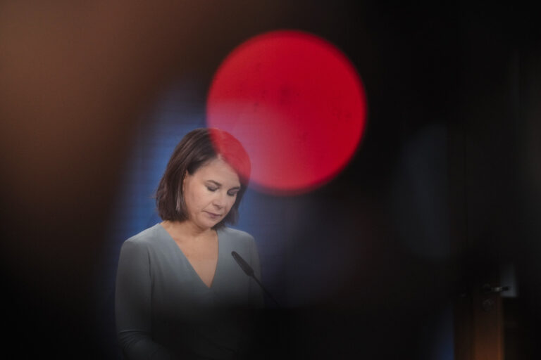 German Foreign Minister Annalena Baerbock attends a news conference with her Estonian counterpart Margus Tsahkna brief the media after a meeting at the Foreign Ministry in Berlin, Germany, Tuesday, Aug. 22, 2023. (AP Photo/Markus Schreiber)