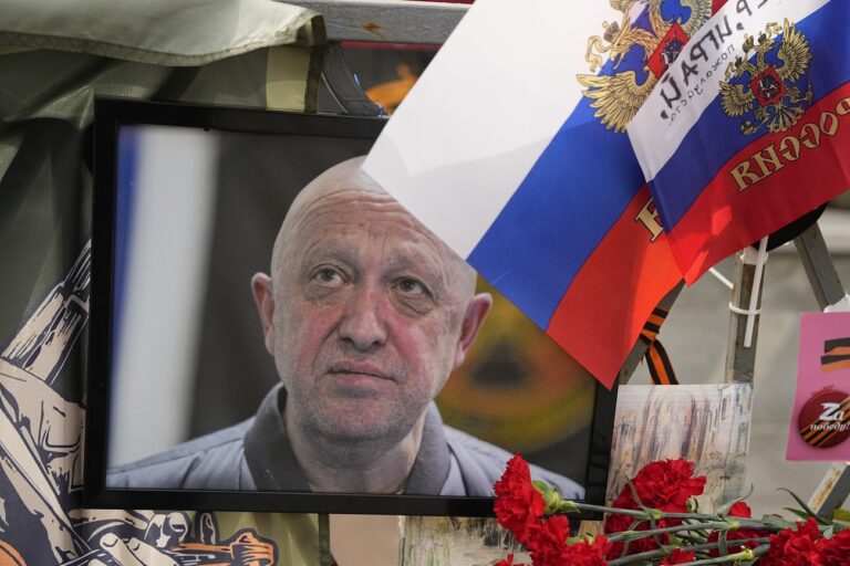 A portrait of the owner of private military company Wagner Group Yevgeny Prigozhin lays at an informal street memorial near the Kremlin in Moscow, Russia, Saturday, Aug. 26, 2023. Dmitry Utkin, whose military call sign Wagner gave the name to the group, is presumed to have died in a plane crash along with Wagner's owner Yevgeny Prigozhin and other military company's officers. (AP Photo/Alexander Zemlianichenko)