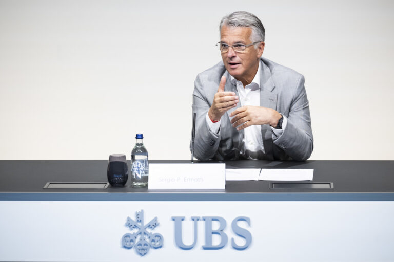 Group Chief Executive Officer of Swiss Bank UBS Sergio P. Ermotti speaks during the presentation of the second quarter 2023 and first results since the Credit Suisse merger, in Zurich, Switzerland on Thursday, August 31, 2023. Swiss bank UBS announced Thursday plans to save $10 billion in costs as it moves ahead with 