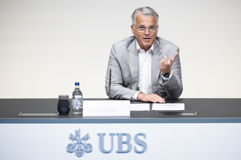 Group Chief Executive Officer of Swiss Bank UBS Sergio P. Ermotti speaks during the presentation of the second quarter 2023 and first results since the Credit Suisse merger, in Zurich, Switzerland on Thursday, August 31, 2023. Swiss bank UBS announced Thursday plans to save $10 billion in costs as it moves ahead with 