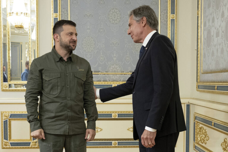 Ukraine's President Volodymyr Zelenskyy greets U.S. Secretary of State Antony Blinken before a meeting at Bankova in Kyiv, Ukraine, Wednesday, Sept. 6, 2023. (Brendan Smialowski/Pool via AP