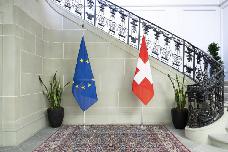 The European flag and the Swiss flag pictured during an official visit to Switzerland of Marija Pejcinovic Buric, Secretary General of the Council of Europe, at the Von Wattenwyl Haus, in Bern, Switzerland, Thursday, September 7, 2023. (KEYSTONE/Anthony Anex)