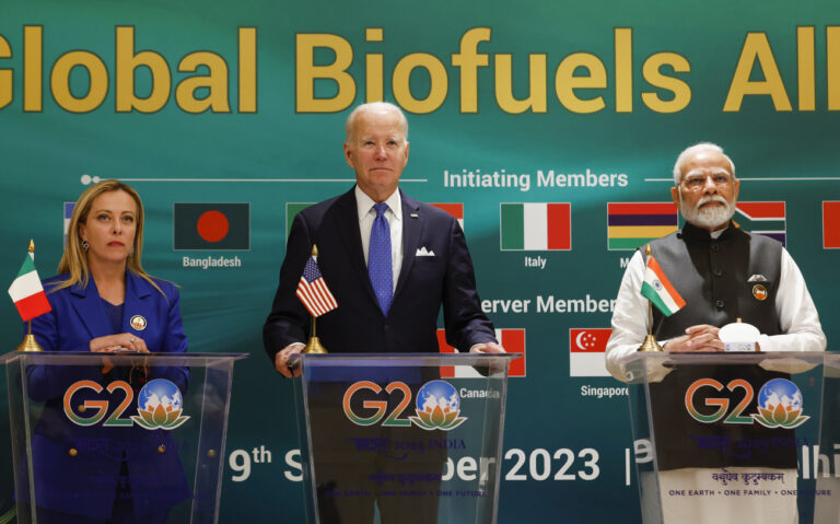 Italian Prime Minister Giorgia Meloni, left, U.S. President Joe Biden, center, and Indian Prime Minister Narendra Modi attend the launch of the Global Biofuels Alliance at the G20 summit in New Delhi, India, Saturday, Sept. 9, 2023. (AP Photo/Evelyn Hockstein, Pool)