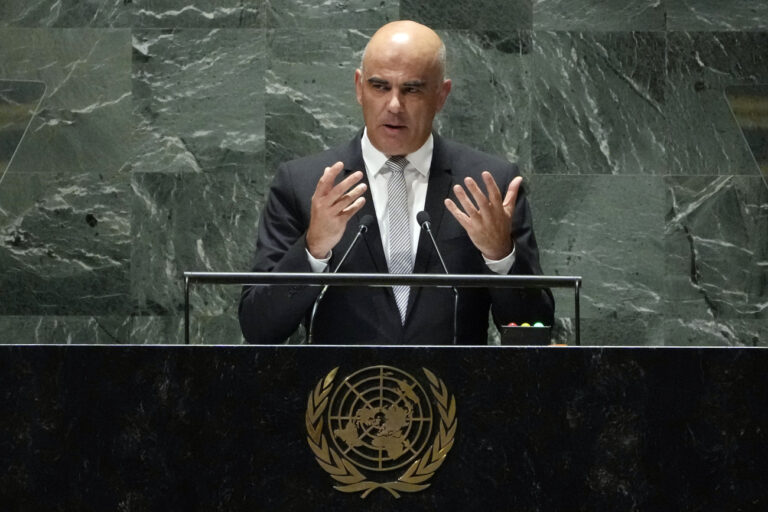Swiss President Alain Berset addresses the 78th session of the United Nations General Assembly, Tuesday, Sept. 19, 2023. (AP Photo/Richard Drew)