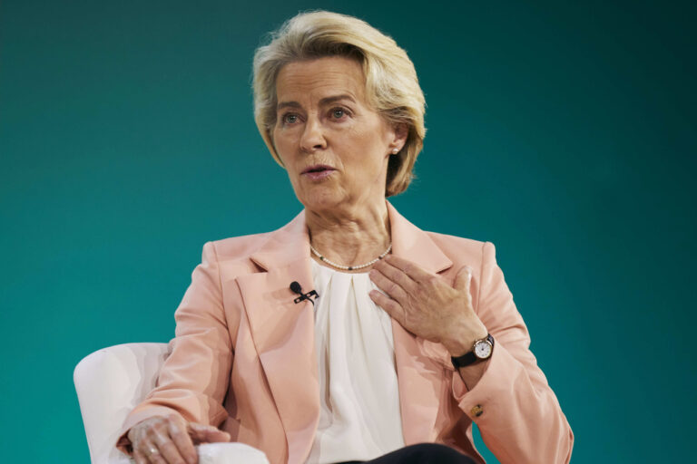 President of the European Commission, Ursula von der Leyen speaks during the Bloomberg Transition Finance Action Forum at the Plaza Hotel, Tuesday, Sept. 19, 2023 in New York. (AP Photo/Andres Kudacki).