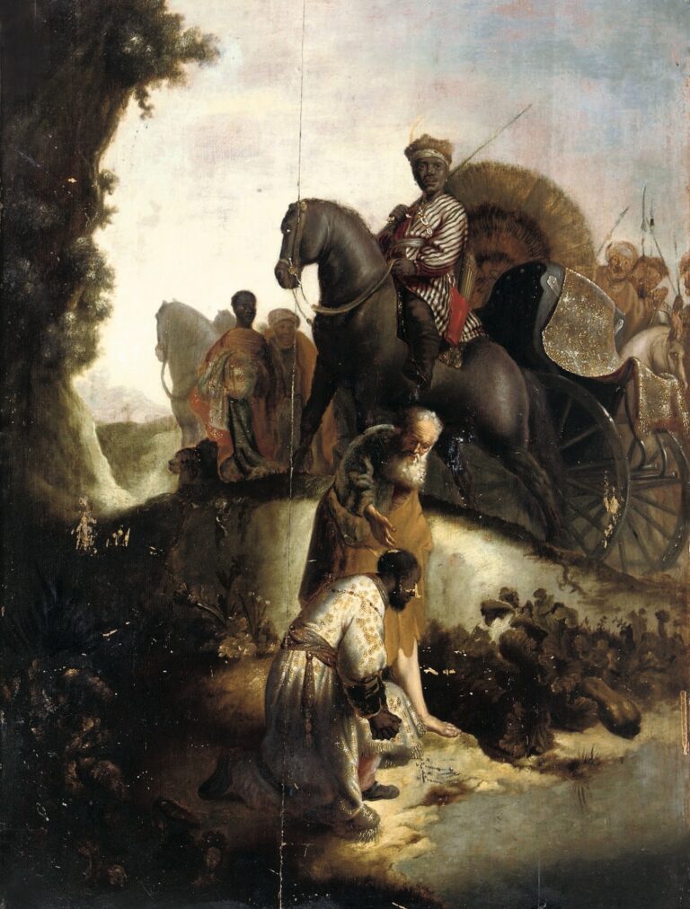 Rembrandt van Rijn, «Die Taufe des Kämmerers», 1626. (postcard, Wikimedia Commons); Rijksmuseum Amsterdam, Schenkung Herr und Frau Kessler-Hülsmann, Kapelle-op-den-Bos