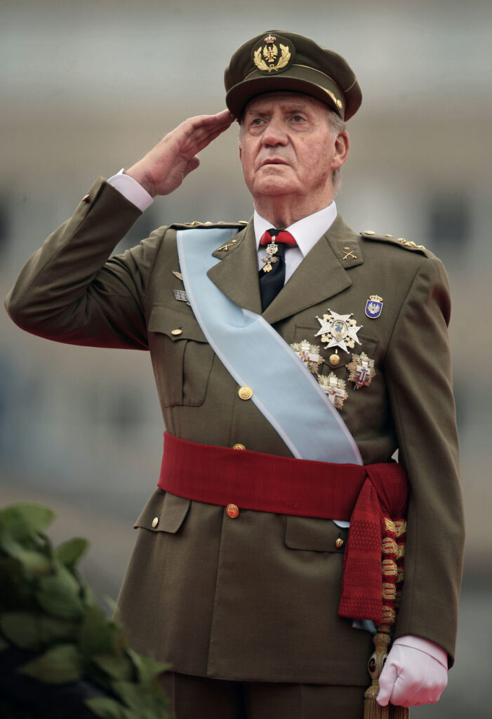 Spain's King Juan Carlos attends a military parade, during the holiday known as Dia de la Hispanidad or Spain's National Day, in Madrid, Sunday, Oct. 12, 2008. (AP Photo/Daniel Ochoa de Olza)