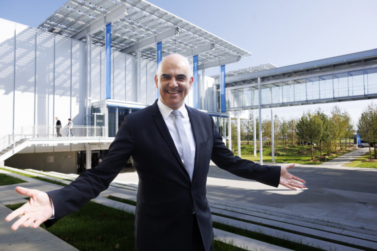 Swiss President Alain Berset gestures, during the Science Gateway Inauguration Ceremony at the the European Organization for Nuclear Research (CERN), in Meyrin near Geneva, Switzerland, Saturday, October 7, 2023. (KEYSTONE/Salvatore Di Nolfi)