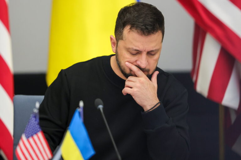 epa10912761 President of Ukraine, Volodymyr Zelensky, attends the Meeting of the Ukraine Defense Contact Group ahead of a two-day NATO Defense Ministers Council at the alliance headquarters in Brussels, Belgium, 11 October 2023. EPA/OLIVIER MATTHYS / POOL