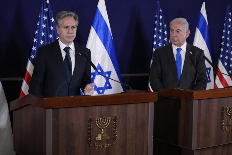 U.S. Secretary of State Antony Blinken, left, and Israel's Prime Minister Benjamin Netanyahu make statements to the media inside The Kirya, which houses the Israeli Ministry of Defense, after their meeting in Tel Aviv, Thursday Oct. 12, 2023. President Joe Biden is dispatching his top diplomat to Israel on an urgent mission to show U.S. support after the unprecedented attack by Hamas militants. (AP Photo/Jacquelyn Martin, pool)