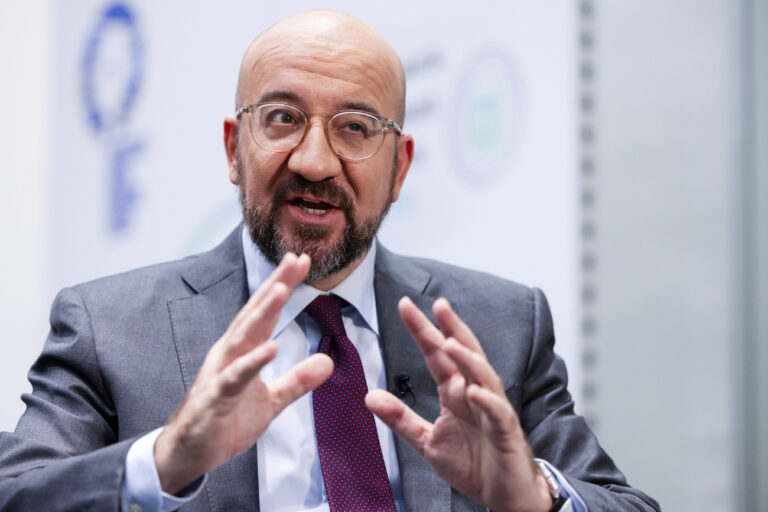 European Council President Charles Michel speaks during an exclusive interview with the Associated Press at the EU Council in Brussels, Friday Oct. 13, 2023. (AP Photo/Geert Vanden Wijngaert)