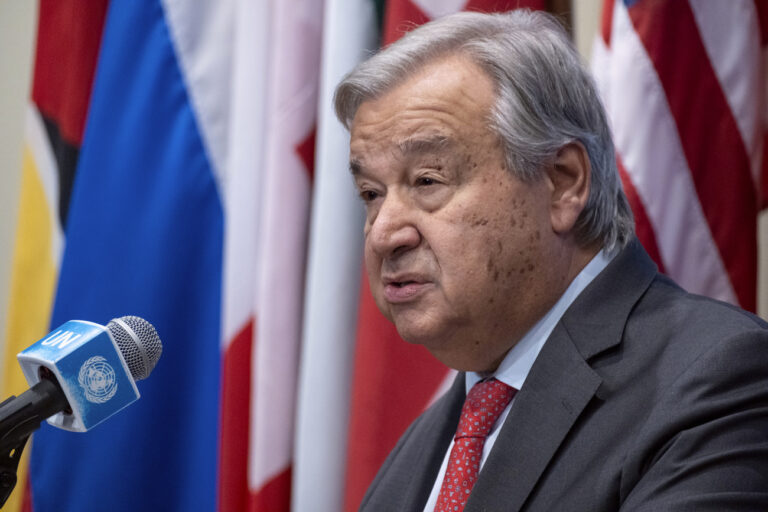 United Nations Secretary-General Antonio Guterres addresses the situation in Israel and Gaza during a news briefing at United Nations headquarters Friday, Oct. 13, 2023, in the wake of last week's attack on Israel by Hamas. (AP Photo/Craig Ruttle)