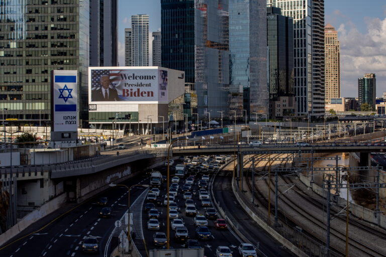 epa10925547 A message welcoming US President Joe Biden is display on large screen in Tel Aviv, 18 October 2023. Biden has arrived in Israel to express his solidarity and discuss war plans with its leaders. More than 2,750 Palestinians and 1,300 Israelis have been killed according to the IDF and Palestinian health ministry, after Hamas militants launched an attack against Israel from the Gaza Strip on 07 October. EPA/MARTIN DIVISEK