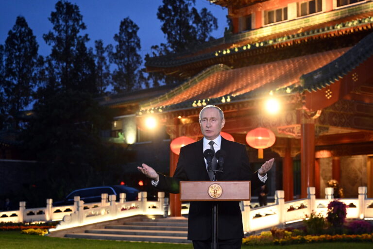 epa10925553 Russian President Vladimir Putin answers questions from reporters following the 3rd Belt and Road Forum for International Cooperation, at the Diaoyutai State Guest House in Beijing, China, 18 October 2023. EPA/GRIGORY SYSOEV/SPUTNIK/KREMLIN POOL MANDATORY CREDIT