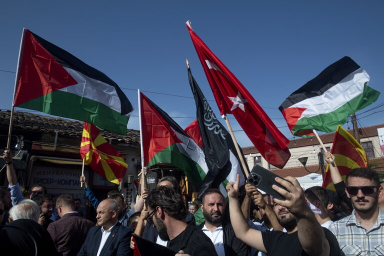epa10928966 Members of Muslim community's wave the Palestinian flags during a support rally for the Palestinian people following Friday prayers, in front of the mosque in Skopje, North Macedonia, 20 October 2023. Thousands of Israelis and Palestinians have died since the militant group Hamas launched an unprecedented attack on Israel from the Gaza Strip on 07 October 2023, leading to Israeli retalitory strikes on the Palestinian enclave. EPA/GEORGI LICOVSKI