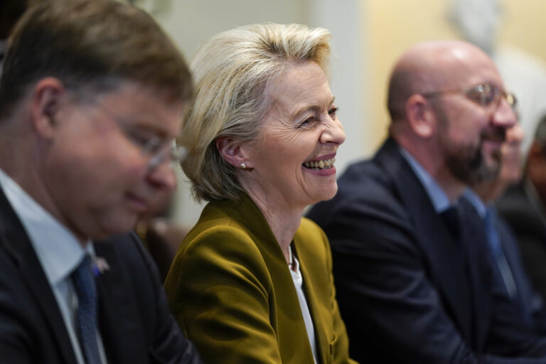 European Commission President Ursula von der Leyen and European Council President Charles Michel, right, attend a meeting with President Joe Biden, not pictured, in the Cabinet Room of the White House, Friday, Oct. 20, 2023, in Washington. (AP Photo/Evan Vucci)
