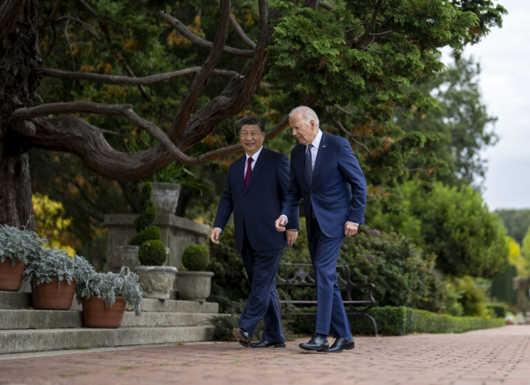 President Joe Biden and China's President President Xi Jinping walk in the gardens at the Filoli Estate in Woodside, Calif., Wednesday, Nov, 15, 2023, on the sidelines of the Asia-Pacific Economic Cooperative conference. (Doug Mills/The New York Times via AP, Pool)