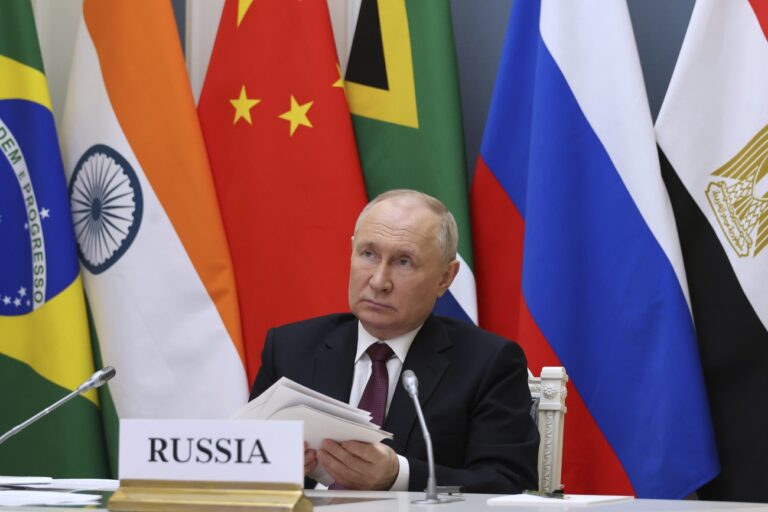 Russian President Vladimir Putin takes part in an extraordinary BRICS summit to discuss the Palestinian-Israeli conflict via videoconference at the Kremlin in Moscow, Russia, Tuesday, Nov. 21, 2023. (Mikhail Klimentyev, Sputnik, Kremlin Pool Photo via AP)