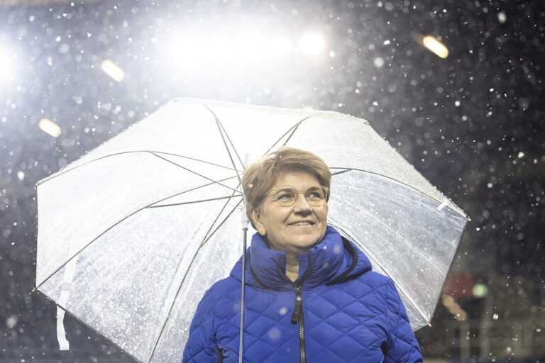Viola Amherd, Swiss Federal Councillor and Defence minister, looks on during the UEFA Nations League women's soccer match between Switzerland and Sweden at Swissporarena stadium in Lucerne, Switzerland on Friday, December 1, 2023. (KEYSTONE/Michael Buholzer)