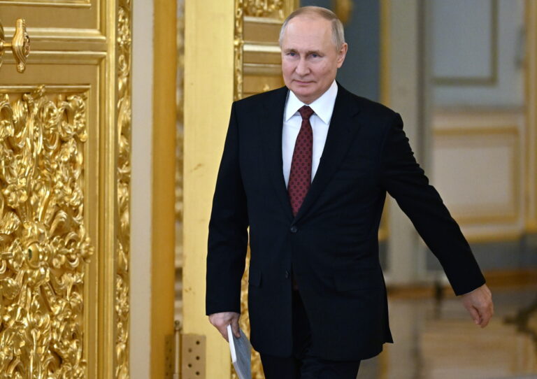 epa11010975 Russian President Vladimir Putin arrives for ceremony to receive credentials from newly arrived foreign ambassadors at the Alexander Hall of the Grand Kremlin Palace in Moscow, Russia, 04 December 2023. Russia is ready to develop partnerships with all countries that reciprocate in this area, said Vladimir Putin. EPA/VYACHESLAV PROKOFYEV /SPUTNIK/KREMLIN POOL MANDATORY CREDIT