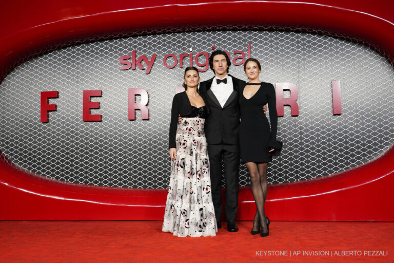 Penelope Cruz, left, Adam Driver, centre and Shailene Woodley arrive at the premiere of the film Ferrari, Monday, Dec. 4, 2023, in London. (Photo by Alberto Pezzali/Invision/AP)