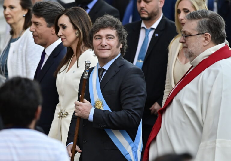 epa11022294 Javier Milei arrives at the tedeum ceremony, as part of the agenda for his inauguration as president of Argentina, at the Metropolitan Cathedral of Buenos Aires, Argentina, 10 December 2023. EPA/Matias Martin Campaya