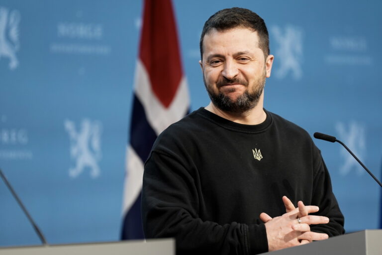 epa11026383 Ukrainian President Volodymyr Zelensky attends a joint press conference during the Nordic Summit in Oslo, Norway, 13 December 2023. Norway's Prime Minister is hosting a Nordic summit with Ukrainian President on cooperation on defense and security policy. EPA/CORNELIUS POPPE NORWAY OUT