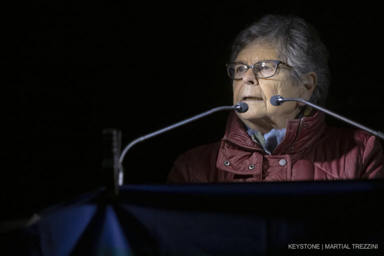 Ruth Dreifuss, former president of the Swiss Confederation speaks during part in a rally for a just peace in Israel and Palestine, in front of the United Nations European headquarters in Geneva, Switzerland, Thursday, December 14, 2023. (KEYSTONE/Martial Trezzini)