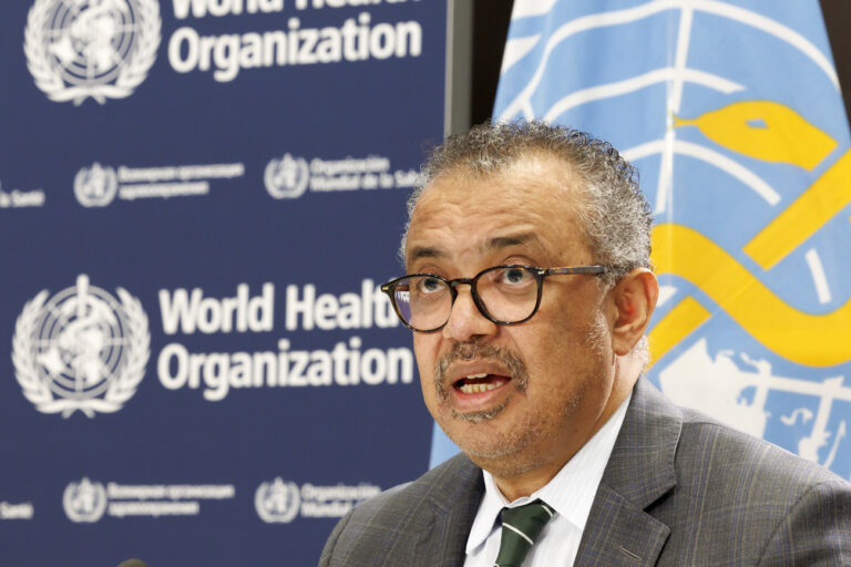 Tedros Adhanom Ghebreyesus, Director General of the World Health Organization (WHO), talks to the media during a press conference organized by the Geneva Association of United Nations Correspondents (ACANU), at the World Health Organization (WHO) headquarters in Geneva, Switzerland, Friday, December 15, 2023. (KEYSTONE/Salvatore Di Nolfi)