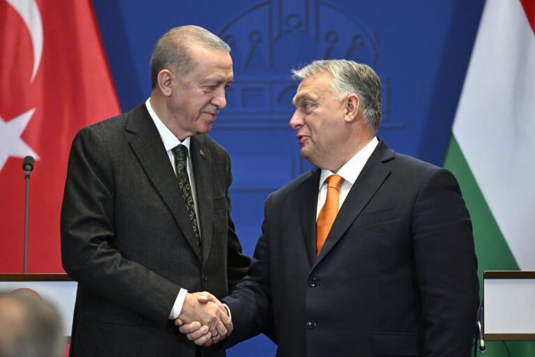 Turkey's President Recep Tayyip Erdogan, left, and Hungary's Prime Minister Viktor Orban shake hands after a joint statement at the Carmelite Monastery in Budapest, Hungary, Monday, Dec. 18, 2023. (AP Photo/Denes Erdos)