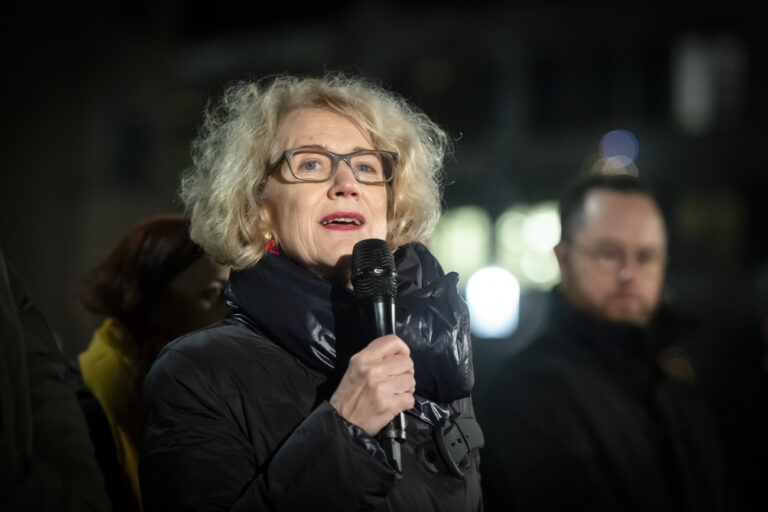 Corine Mauch, Mayor of the City of Zurich, speaks during a rally to commemorate the victims of the Hamas attack as part of the movement 