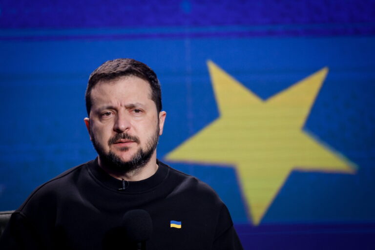 epa11037496 Ukrainian President Volodymyr Zelensky responds to questions from journalists during a press conference in Kyiv (Kiev), Ukraine, 19 December 2023. Zelensky spoke with the media during his year-end press conference amid the Russian invasion. EPA/SERGEY DOLZHENKO