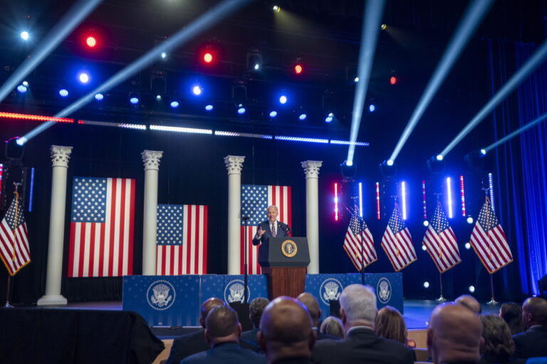 epa11059760 US President Joe Biden delivers remarks at a campaign event 10 miles from Valley Forge National Historical Park in Blue Bell, Pennsylvania, USA, 05 January 2024. President Biden's remarks focused on his criticism of Former US President Donald J. Trump calling him a threat to democracy and compared Trump's rhetoric to that of Nazi Germany. EPA/SHAWN THEW