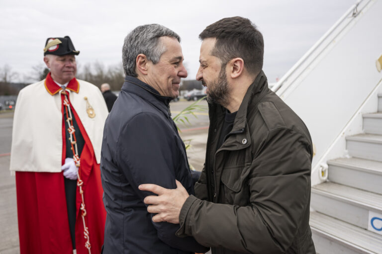 Switzerland's Foreign Minister Federal Councillor Ignazio Cassis, center, welcomes Volodymyr Zelenskyy, President of Ukraine, on Monday, January 15, 2024 on the Airport of Zurich Kloten, Switzerland. Zelenskyy will attend the World Economic Forum in Davos starting Tuesday. (KEYSTONE/POOL/Alessandro della Valle)