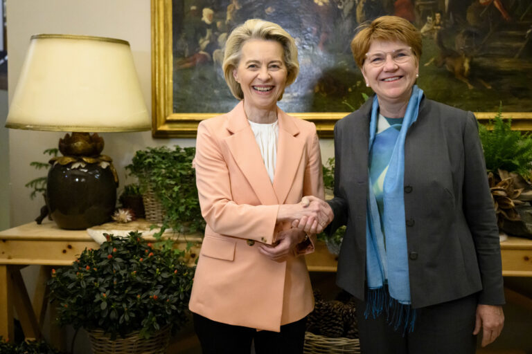 Switzerland's President Viola Amherd, right, shakes hands with Ursula von der Leyen, left, President of the European Commission prior to a bilateral meeting on the sideline of the 54th annual meeting of the World Economic Forum, WEF, in Davos, Switzerland, Monday, January 15, 2024. The meeting brings together entrepreneurs, scientists, corporate and political leaders in Davos under the topic 