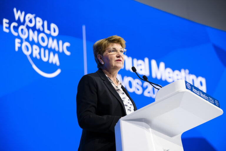 Viola Amherd, Switzerland's Federal President, speaks during a plenary session in the Congress Hall at the 54th annual meeting of the World Economic Forum, WEF, in Davos, Switzerland, Tuesday, January 16, 2024. The meeting brings together entrepreneurs, scientists, corporate and political leaders in Davos under the topic 