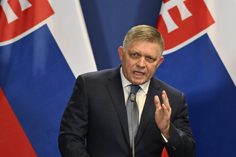 Slovakia's Prime Minister Robert Fico speaks during a press conference with Hungary's Prime Minister Viktor Orban at the Carmelite Monastery in Budapest, Hungary, Tuesday, Jan. 16, 2024. (AP Photo/Denes Erdos)