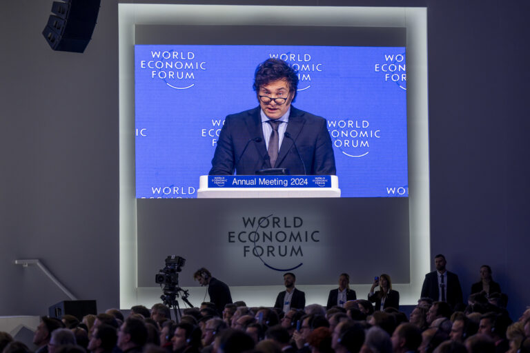 Javier Milei, President of Argentina speaks during a plenary session in the Congress Hall as part of the 54th annual meeting of the World Economic Forum, WEF, in Davos, Switzerland, Wednesday, January 17, 2024. The meeting brings together entrepreneurs, scientists, corporate and political leaders in Davos under the topic 