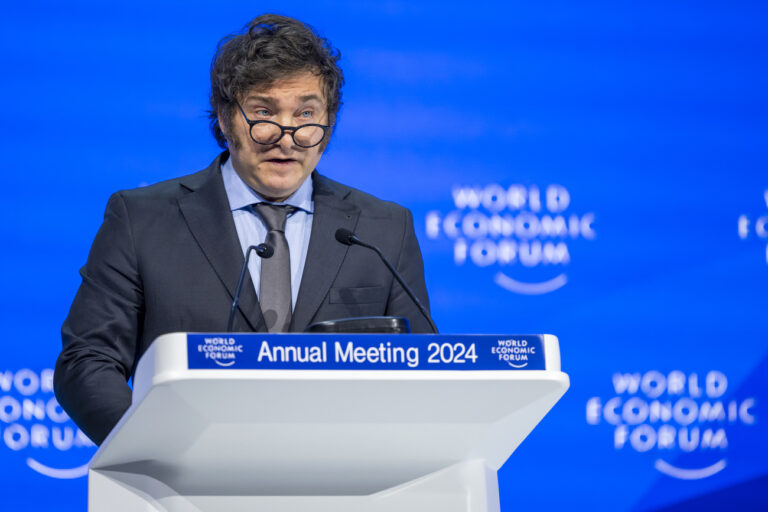 Javier Milei, President of Argentina speaks during a plenary session in the Congress Hall as part of the 54th annual meeting of the World Economic Forum, WEF, in Davos, Switzerland, Wednesday, January 17, 2024. The meeting brings together entrepreneurs, scientists, corporate and political leaders in Davos under the topic 