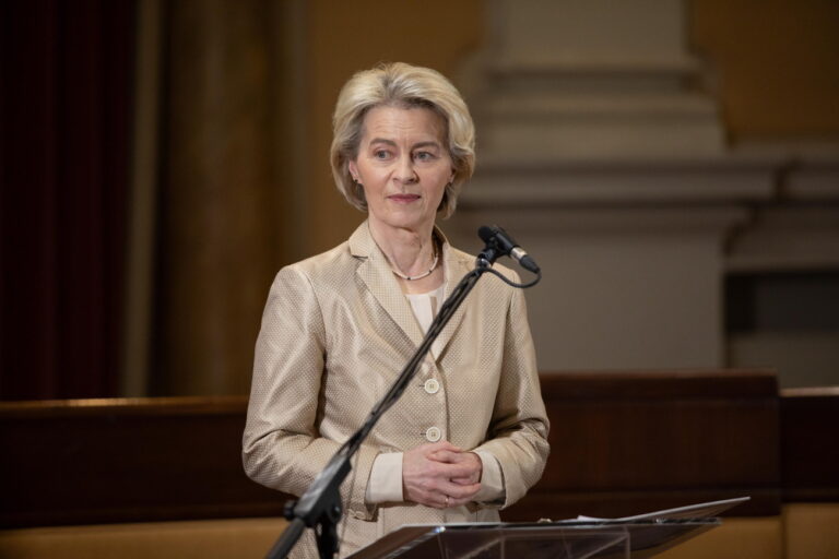 epa11085597 European Commission President Ursula von der Leyen delivers a speech on the occasion of the signing of the Agreement for Development and Cohesion between the Italian Government and the Emilia Romagna Region, in Forli, Bologna, Italy, 17 January 2024. EPA/MAX CAVALLARI