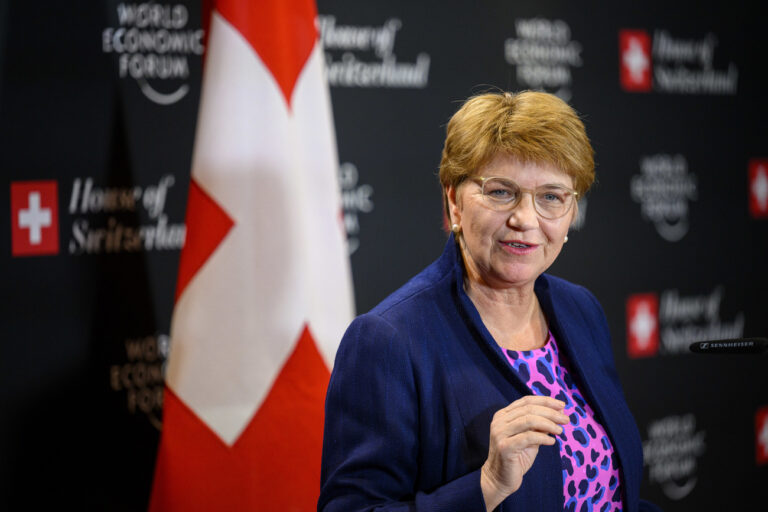 Swiss Federal President Viola Amherd speaks during a press conference at the House of Switzerland, HoS, on the sideline of the 54th annual meeting of the World Economic Forum, WEF, in Davos, Switzerland, Thursday, January 18, 2024. The meeting brings together entrepreneurs, scientists, corporate and political leaders in Davos under the topic 