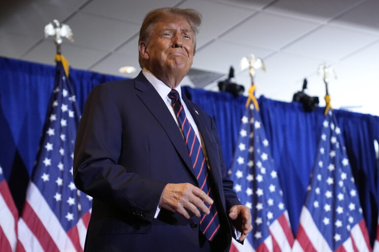 Republican presidential candidate former President Donald Trump arrives to speak at a primary election night party in Nashua, N.H., Tuesday, Jan. 23, 2024. (AP Photo/Matt Rourke)