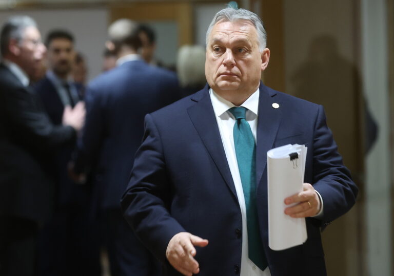 epa11117660 Hungarian Prime Minister Viktor Orban at the start of a Special European Council in Brussels, Belgium, 01 February 2024. EU leaders gather in Brussels to discuss the mid-term revision of the EU's long-term budget for 2021-2027, including support to Ukraine. EPA/OLIVIER HOSLET