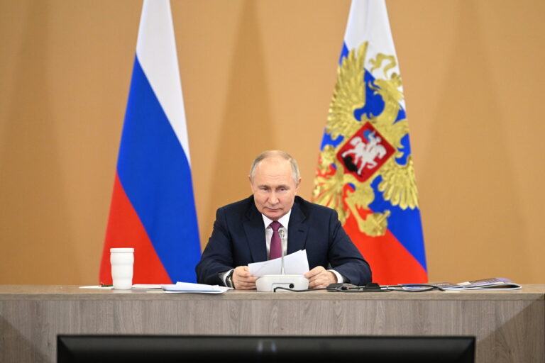 epa11118419 Russian President Vladimir Putin attends a meeting on the implementation of the federal project to create a network of modern university campuses via videoconference at the site of the Russia Expo international exhibition and forum at the Exhibition of Achievements of National Economy (VDNKh) in Moscow, Russia, 01 February 2024. EPA/KRISTINA KORMILITSINA / SPUTNIK / KREMLIN POOL MANDATORY CREDIT