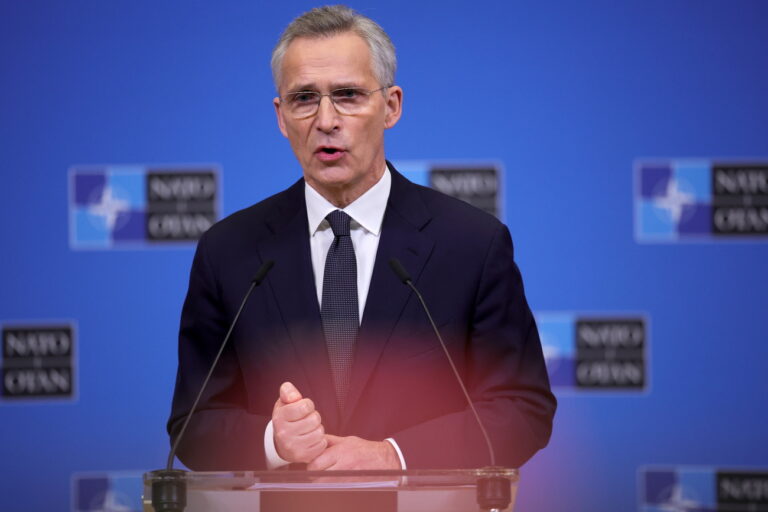 epa11151678 NATO Secretary General Jens Stoltenberg holds a pre-ministerial press conference at the Alliance headquarters in Brussels, Belgium, 14 February 2024. NATO defense ministers will meet on 15 February at NATO headquarters in Brussels. A separate meeting of the Ukraine Defense Contact Group (UDCG) will be held at NATO headquarters on 14 February. EPA/OLIVIER MATTHYS