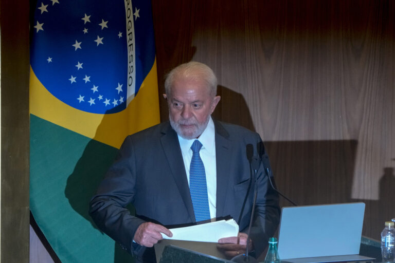 Brazilian President Luiz Lula da Silva gives a speech at the Arab League headquarters in Cairo, Egypt, Thursday, Feb. 15, 2024. (AP Photo/Amr Nabil)