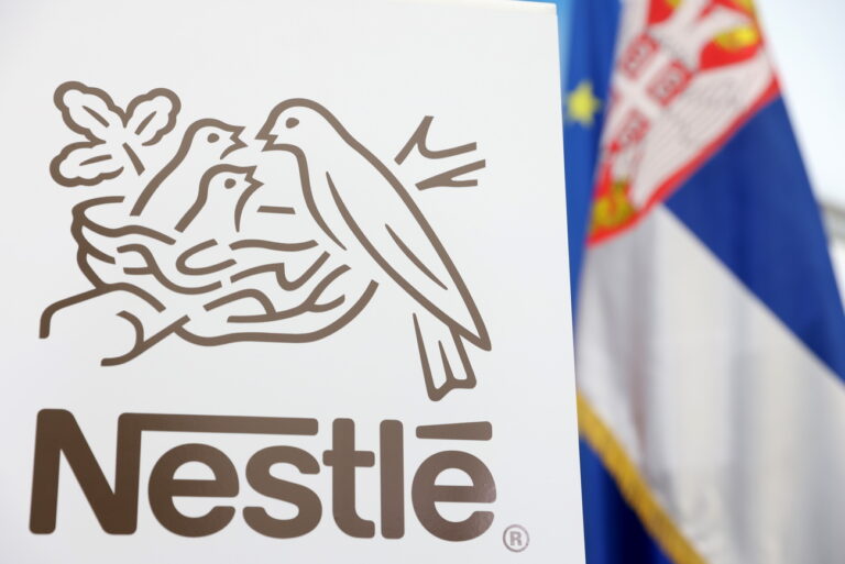 epa11184093 Nestle logo is seen at the new Nestle manufacturing plant for production of plant-based meals near Belgrade, Serbia, 27 February 2024. The company announced that the investment of 83.8 million Euros at the new plant will create 220 new jobs, and a production capacity of 12,000 tons of plant-based meals per year. The products from the new facility will be marketed in France, Germany, the Netherlands, Italy, Spain and Great Britain. EPA/ANDREJ CUKIC
