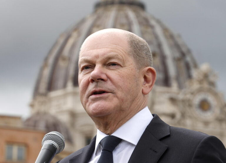 epa11193440 German Chancellor Olaf Scholz speaks to the media at the Paolo VI hotel on the occasion of his meeting with Pope Francis (not pictured), in Rome, Italy, 02 March 2024. The German Chancellor is on an official visit to Rome. Scholz was scheduled to meet Pope Francis on 02 March for his first private audience with the Pope. EPA/GIUSEPPE LAMI